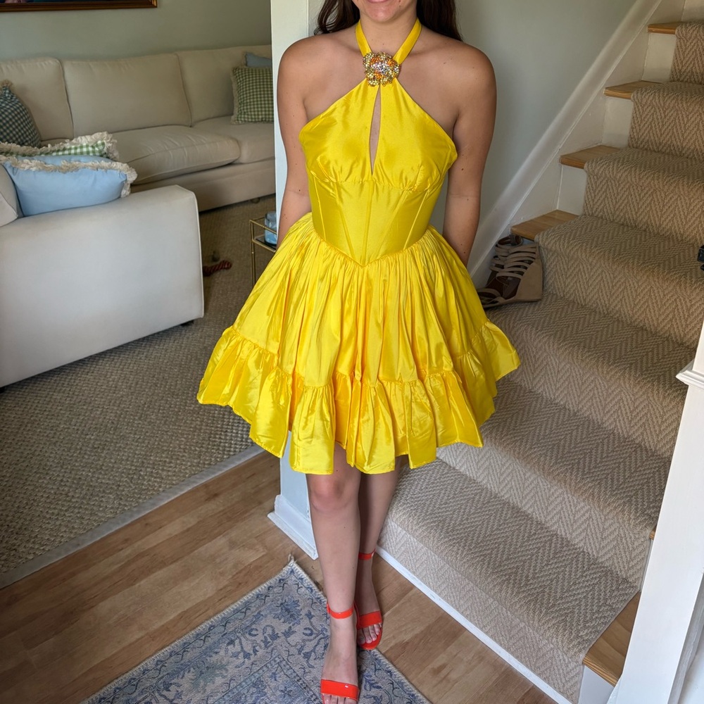 Sherri Hill Yellow Halter Midi Dress